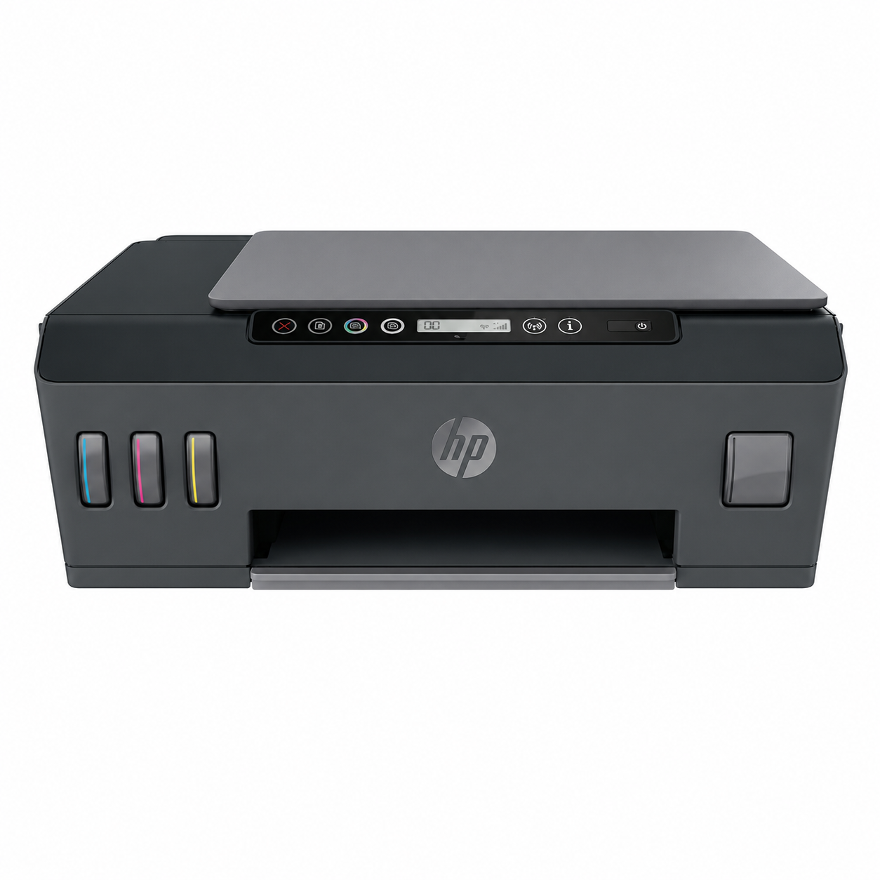 HP Smart Tank 518 Wireless All-in-One Ink Tank Printer front view showing refillable ink tanks and control panel.