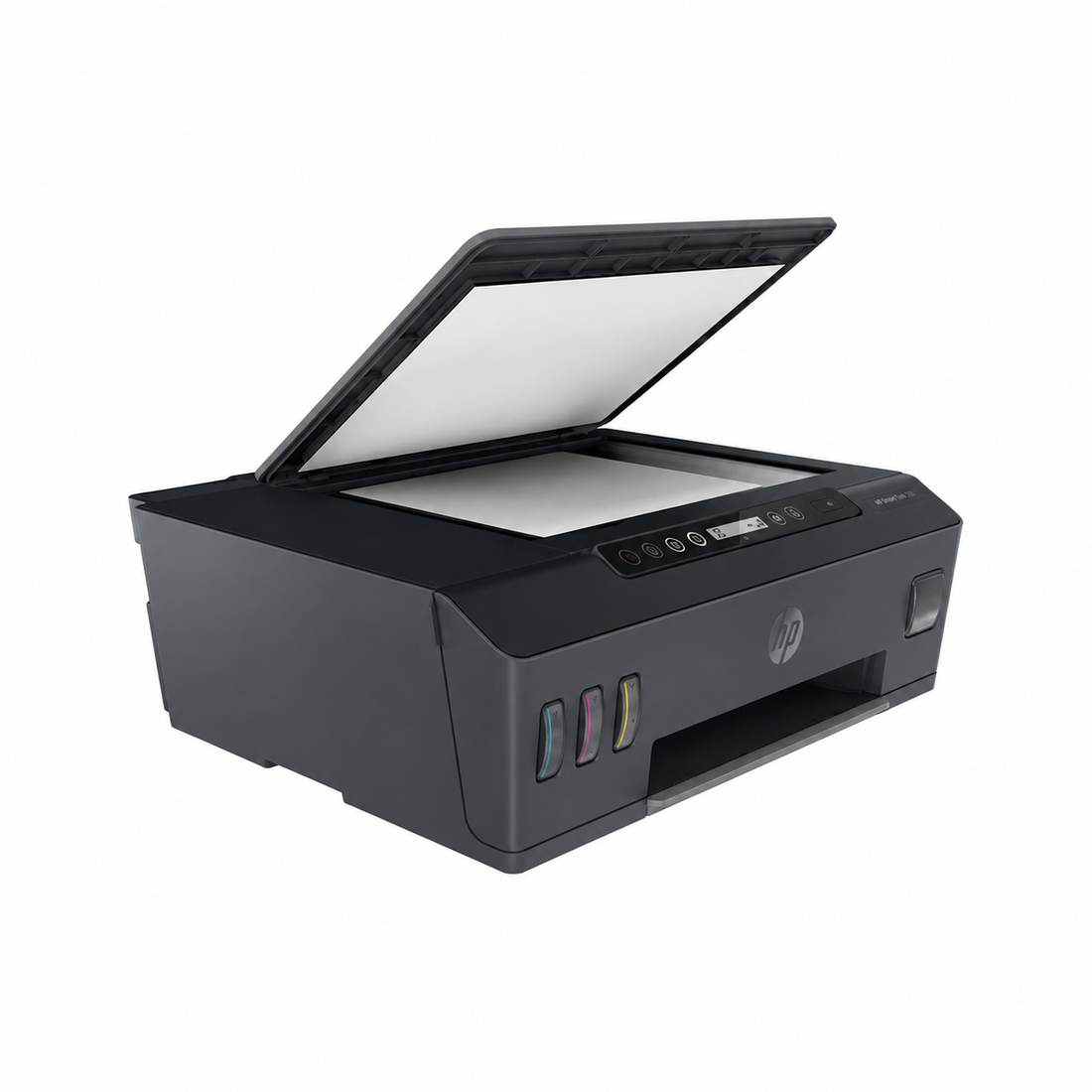 HP Smart Tank 518 Wireless All-in-One Ink Tank Printer front view showing refillable ink tanks and control panel.