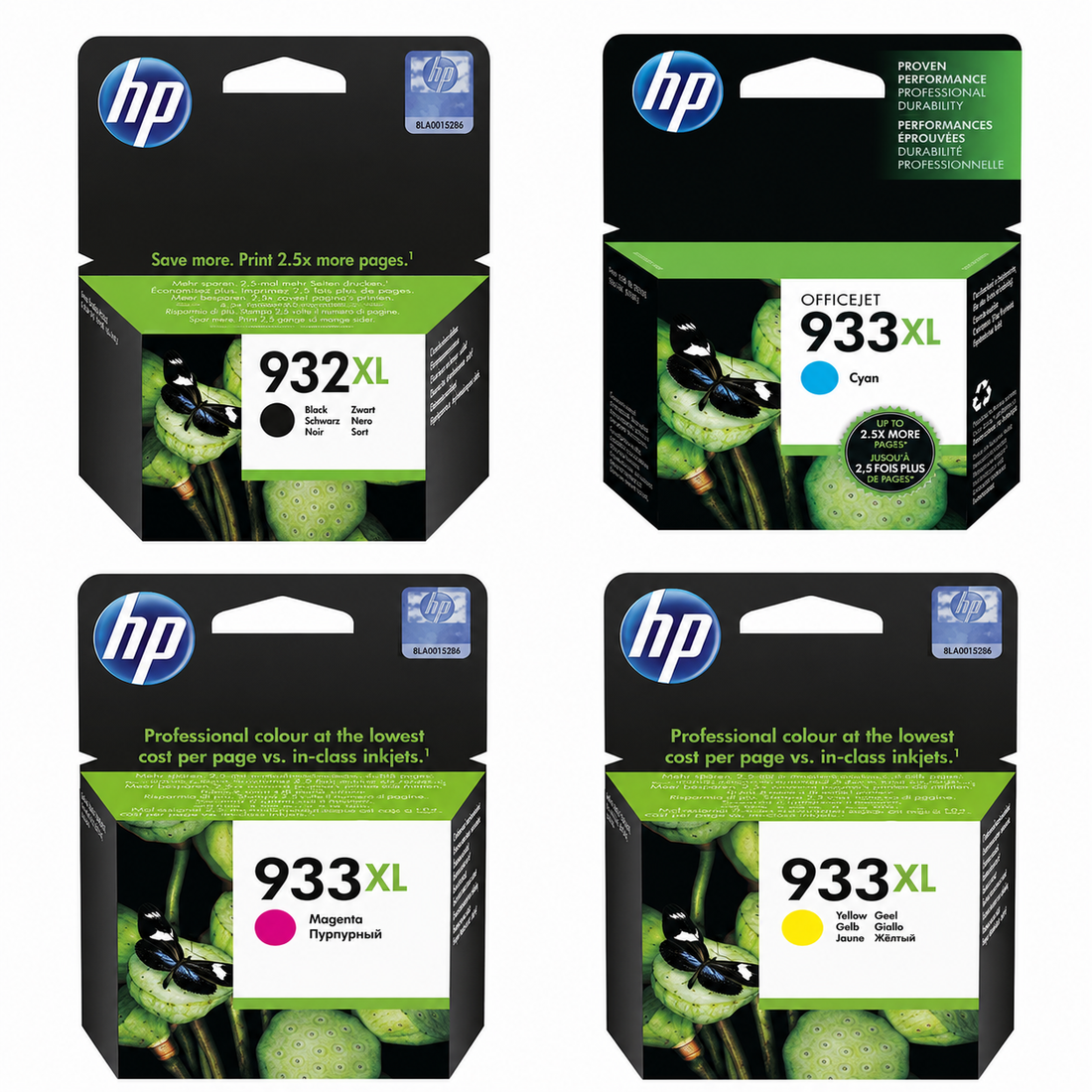 HP 932XL and 933XL original ink cartridge set showing black, cyan, magenta and yellow high-yield cartridges in retail packaging