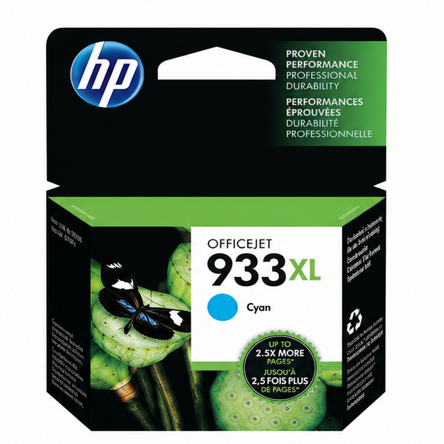 HP 933XL high-yield cyan original ink cartridge retail packaging
