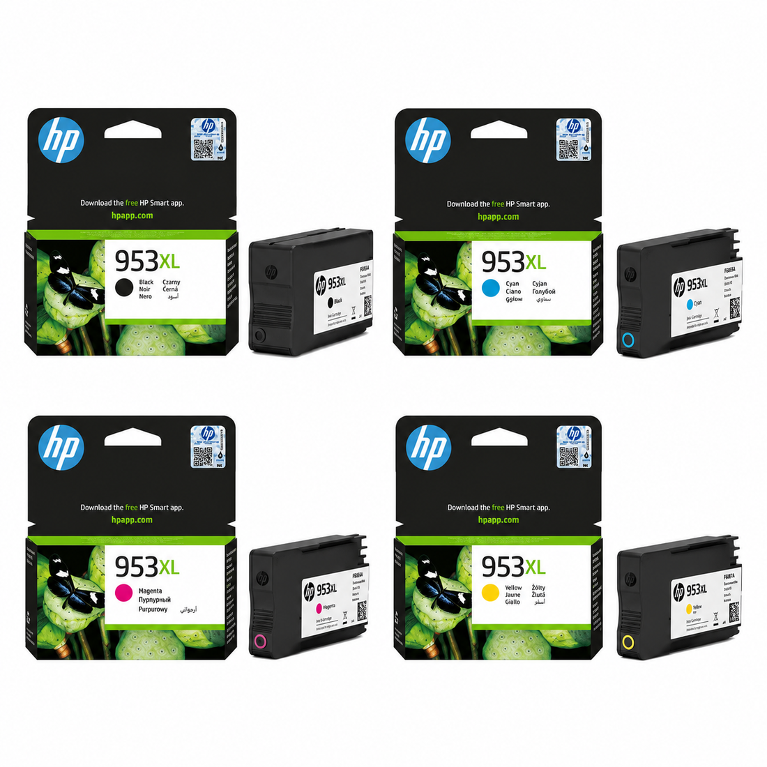 HP 953XL original 4-color high-yield ink cartridge set top view showing Black, Cyan, Magenta and Yellow HP OfficeJet Pro ink packaging.
