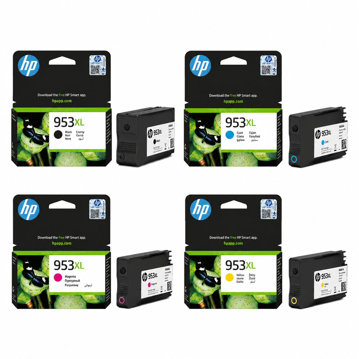 HP 953XL genuine 4-color ink cartridge set left-side view for compatible HP OfficeJet Pro printers.