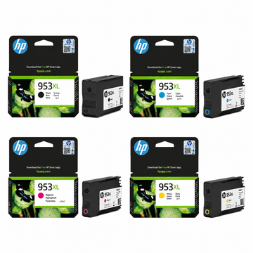 HP 953XL genuine 4-color ink cartridge set left-side view for compatible HP OfficeJet Pro printers.