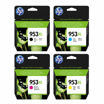 HP 953XL original 4-color high-yield ink cartridge set top view showing Black, Cyan, Magenta and Yellow HP OfficeJet Pro ink packaging.