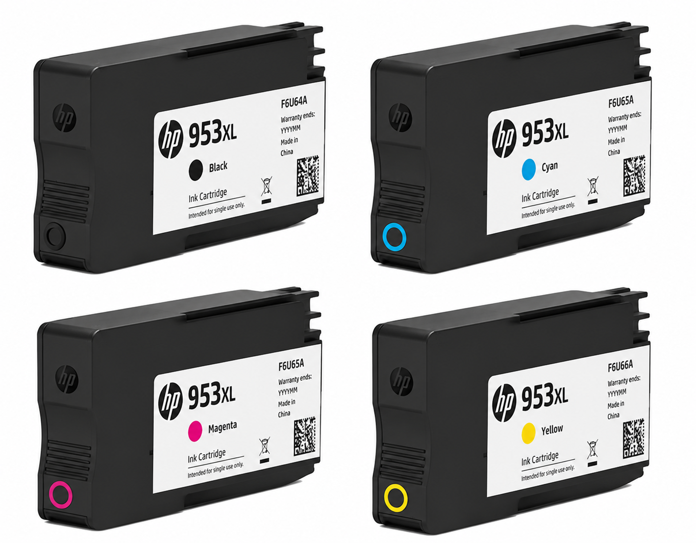 HP 953XL ink cartridge set close-up showing the Black, Cyan, Magenta and Yellow cartridge labels with HP 953XL product codes.