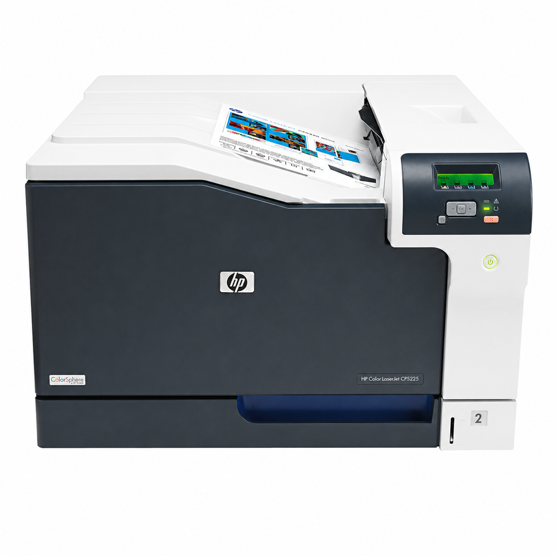 HP Color LaserJet printer angled front view showing the control panel, output tray and paper cassette