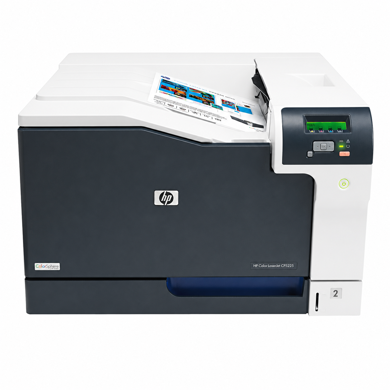 HP Color LaserJet printer angled front view showing the control panel, output tray and paper cassette