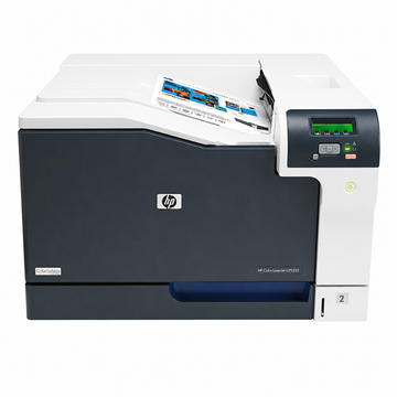 HP Color LaserJet printer angled front view showing the control panel, output tray and paper cassette