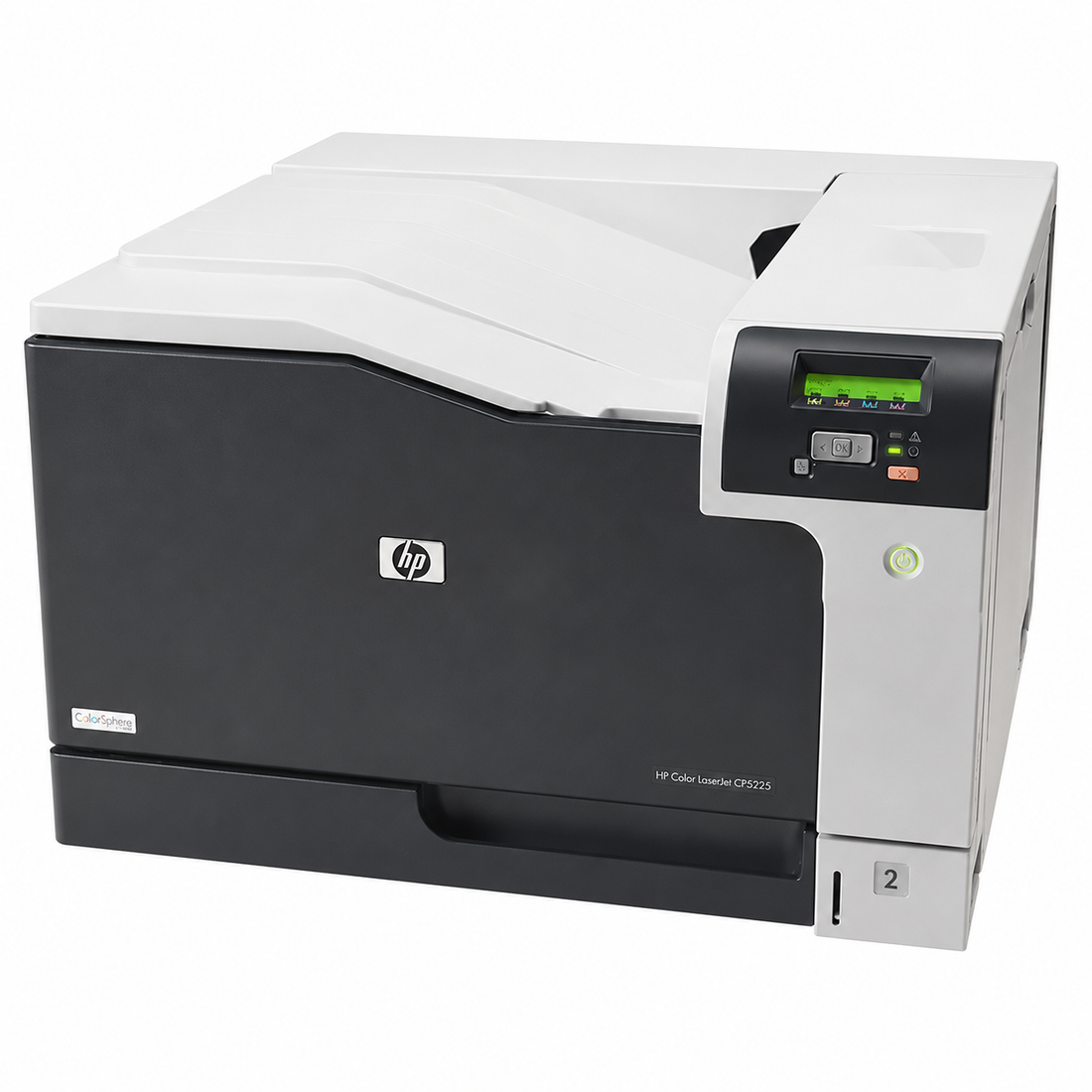 HP Color LaserJet printer angled front view showing the control panel, output tray and paper cassette