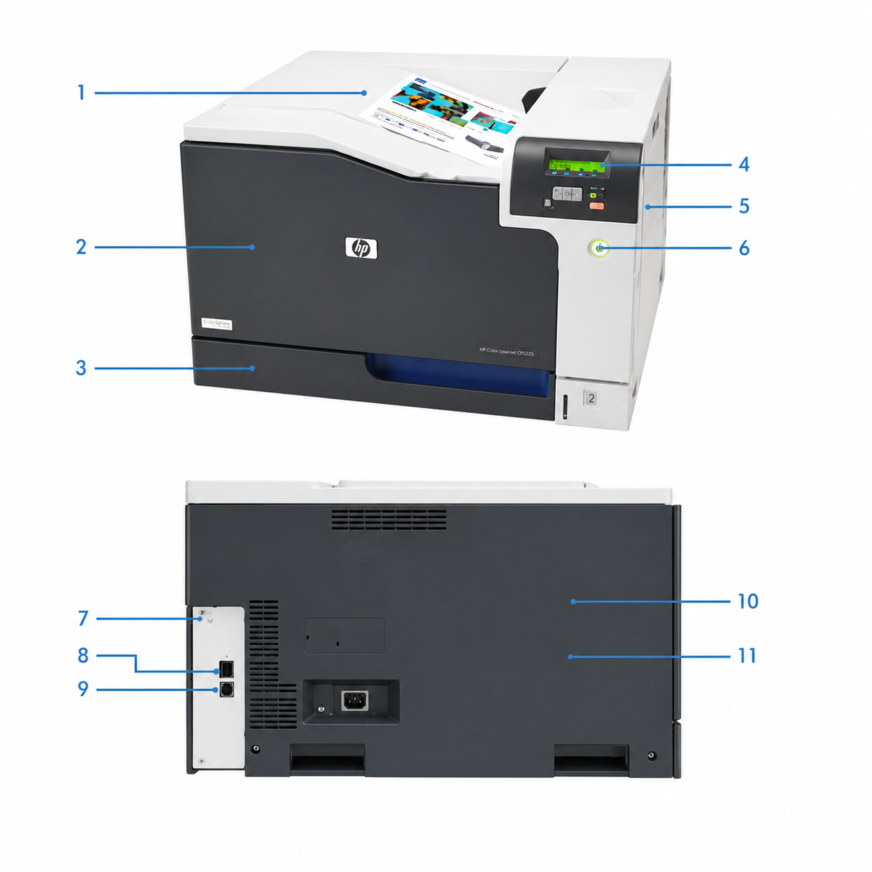 HP Color LaserJet printer front and rear dimension diagram showing measurements, ports and paper tray