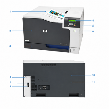 HP Color LaserJet printer front and rear dimension diagram showing measurements, ports and paper tray