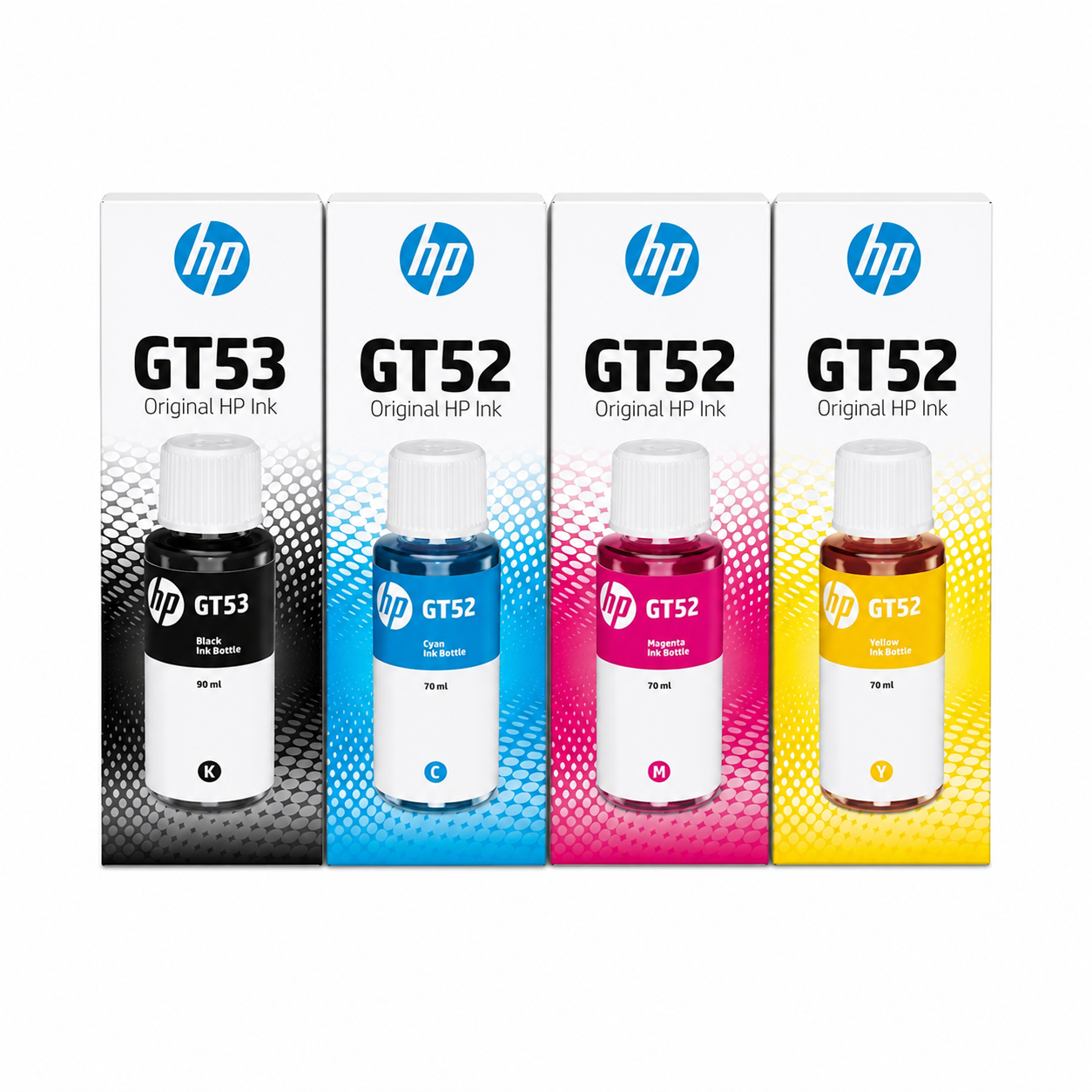 HP GT53 GT52 original 4-color ink bottle set top view showing black, cyan, magenta and yellow HP Smart Tank refill inks.