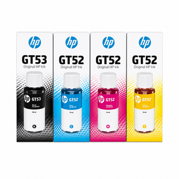 HP GT53 GT52 original 4-color ink bottle set top view showing black, cyan, magenta and yellow HP Smart Tank refill inks.