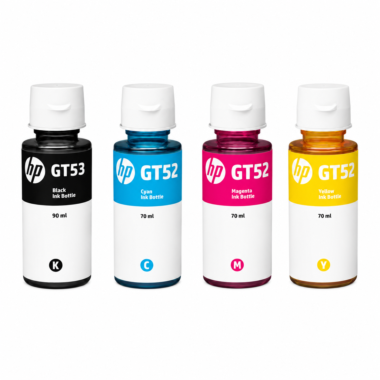 HP GT53 GT52 original ink bottle set close-up showing the black, cyan, magenta and yellow color labels with 7K3W9AA combo pack details.