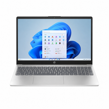 HP Laptop AI 15-fd2001ne C53H7EA Natural Silver 15.6-inch Full HD laptop front view with backlit keyboard and numeric keypad.