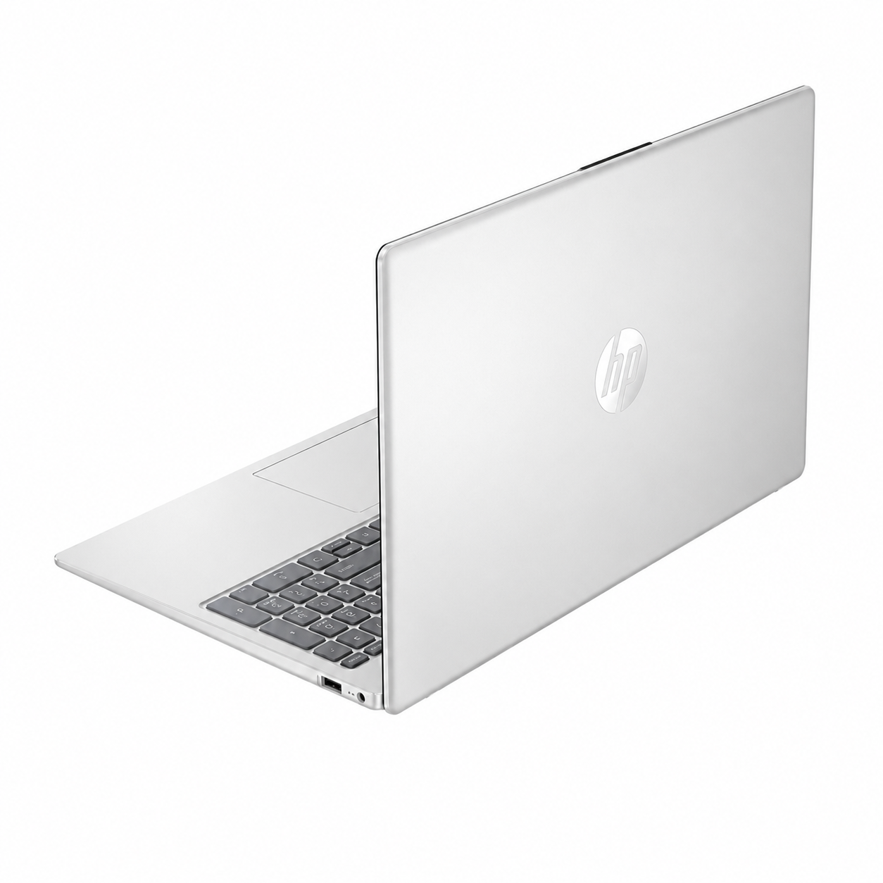 HP Laptop AI 15-fd2001ne Intel Core Ultra 7 laptop left-side view showing the Natural Silver chassis design.
