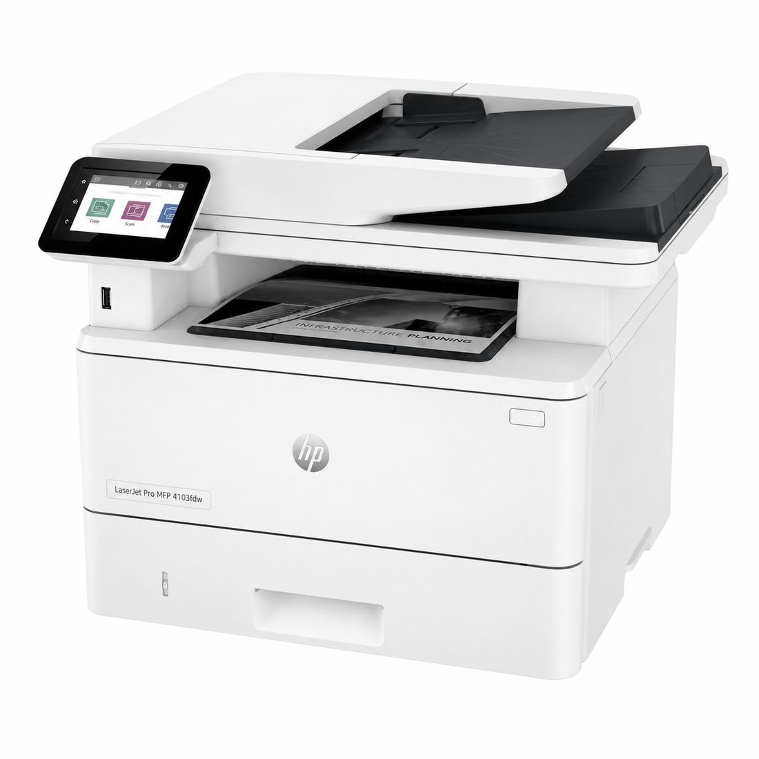 Buy the HP LaserJet Pro MFP 4103fdw Wireless Multifunction Laser Printer featuring print, copy, scan, fax functions, 40 ppm speed, dual-band Wi-Fi, duplex printing and scanning, HP Wolf Security, and enterprise-class performance.