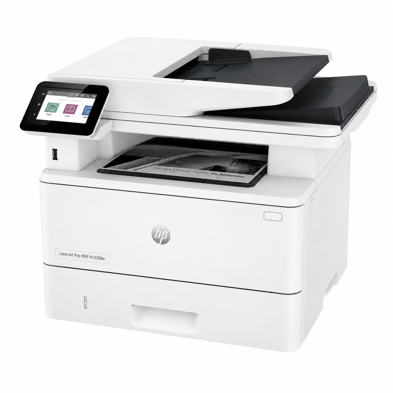 Buy the HP LaserJet Pro MFP 4103fdw Wireless Multifunction Laser Printer featuring print, copy, scan, fax functions, 40 ppm speed, dual-band Wi-Fi, duplex printing and scanning, HP Wolf Security, and enterprise-class performance.