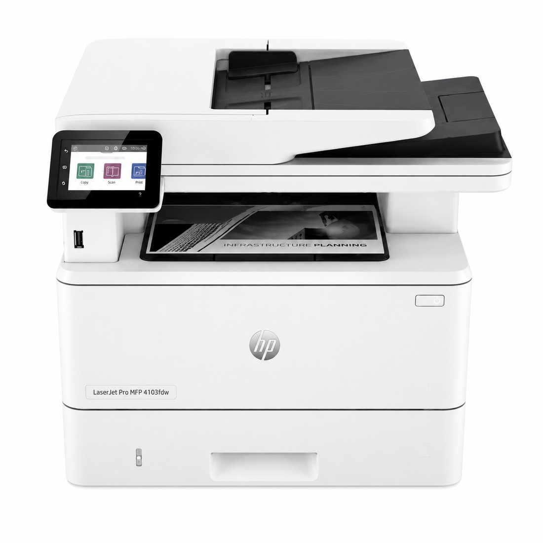 Buy the HP LaserJet Pro MFP 4103fdw Wireless Multifunction Laser Printer featuring print, copy, scan, fax functions, 40 ppm speed, dual-band Wi-Fi, duplex printing and scanning, HP Wolf Security, and enterprise-class performance.