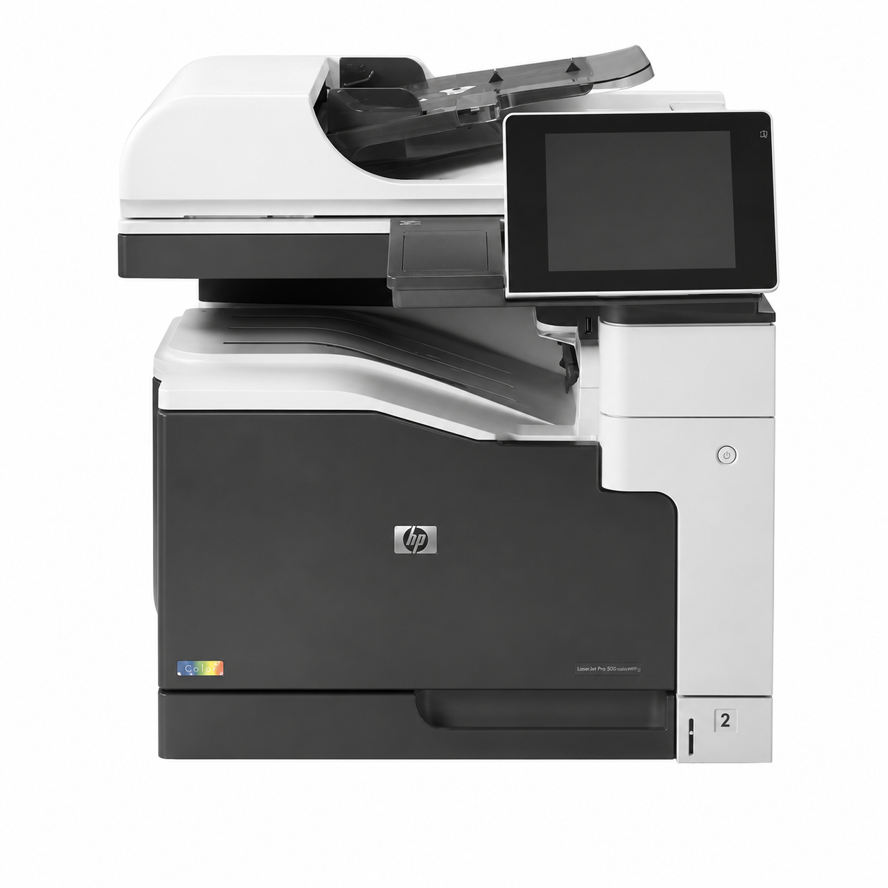 HP LaserJet Enterprise 700 Color MFP M775dn A3 multifunction printer, front left view showing the touchscreen, automatic document feeder and output area