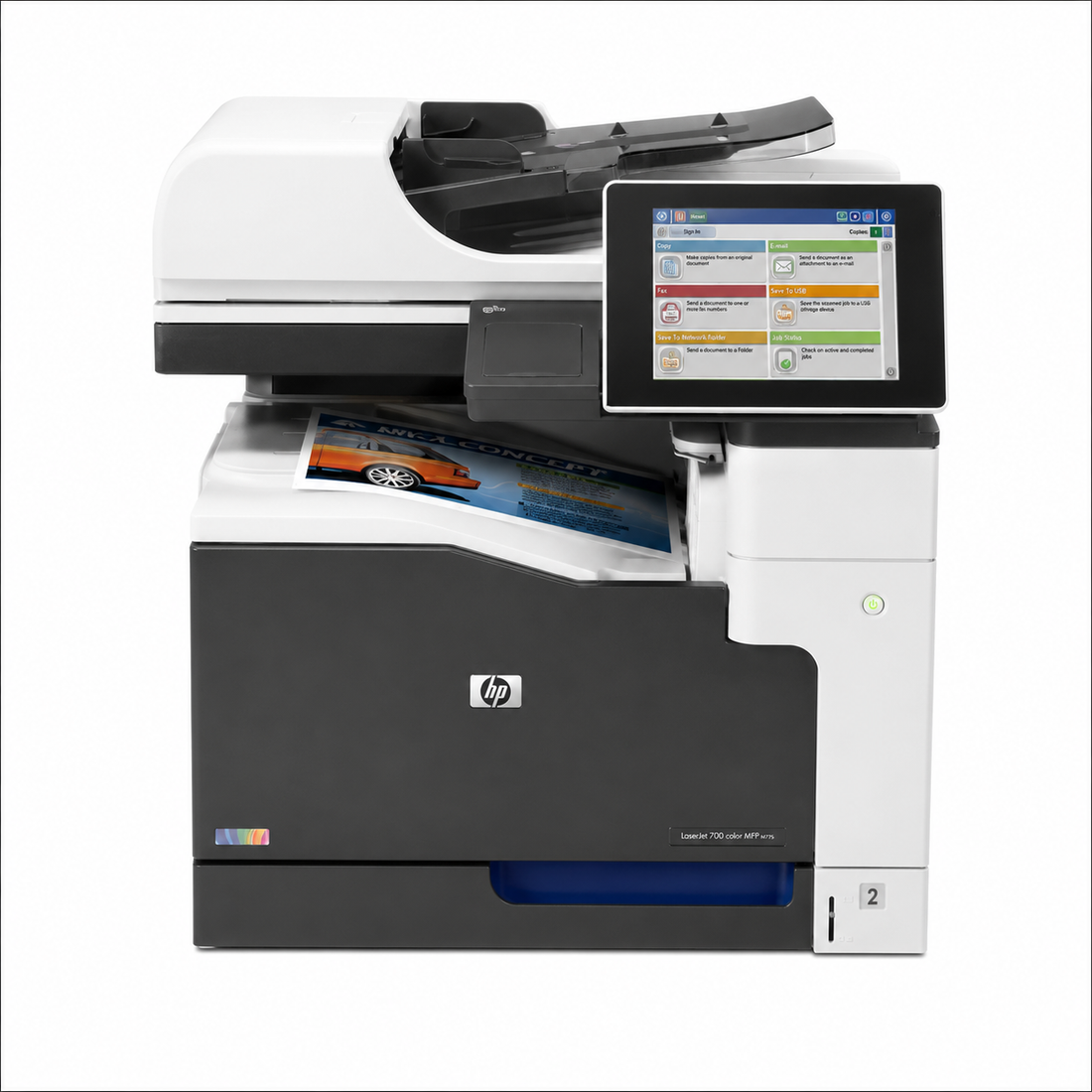 HP LaserJet Enterprise 700 Color MFP M775dn A3 multifunction printer, front left view showing the touchscreen, automatic document feeder and output area