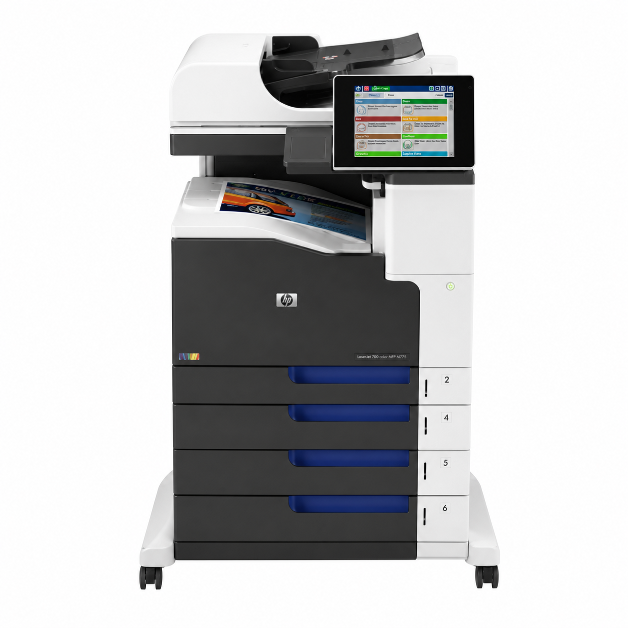 HP LaserJet Enterprise 700 Color MFP M775dn A3 office printer, full front view showing the touchscreen, document feeder and lower paper trays