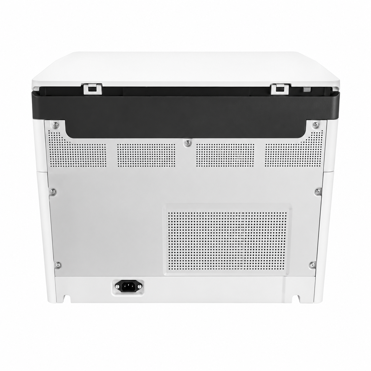 HP multifunction laser printer rear view showing the connection ports and ventilation grilles