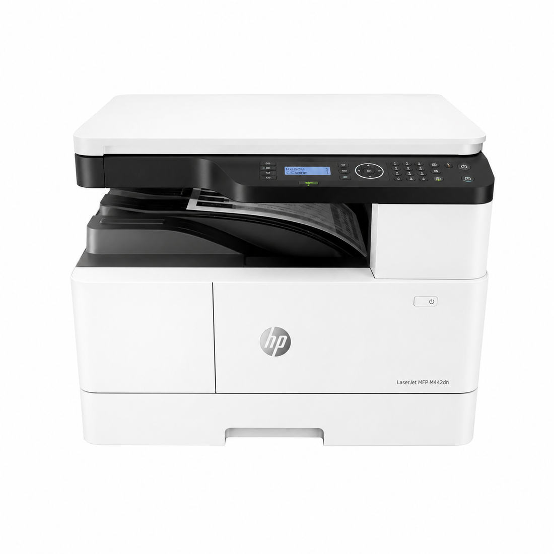 HP multifunction laser printer front angled view showing the scanner, control panel and paper trays