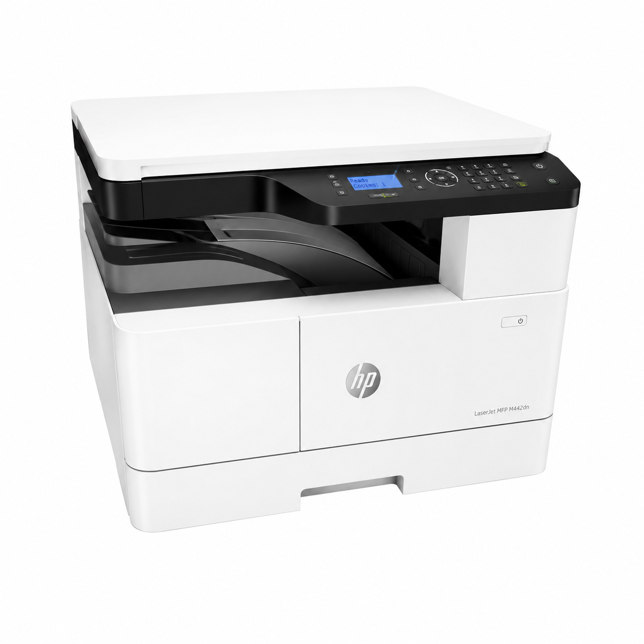 HP multifunction laser printer side angled view showing the scanner lid and output tray