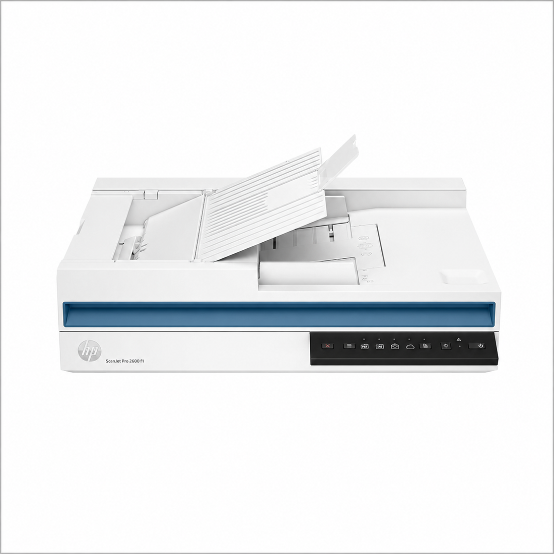 HP ScanJet 2600 document scanner front view with automatic document feeder open