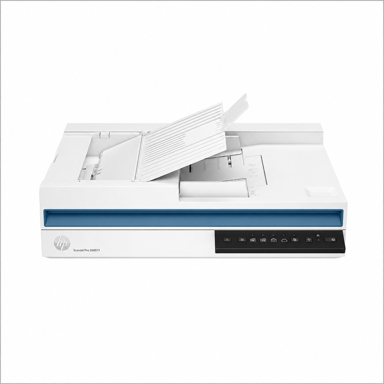 HP ScanJet 2600 document scanner front view with automatic document feeder open