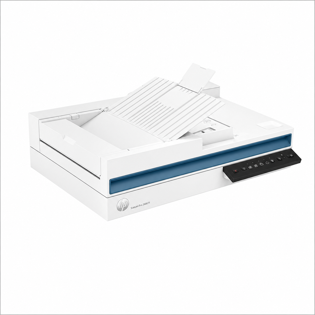 HP ScanJet 2600 document scanner front view with automatic document feeder open