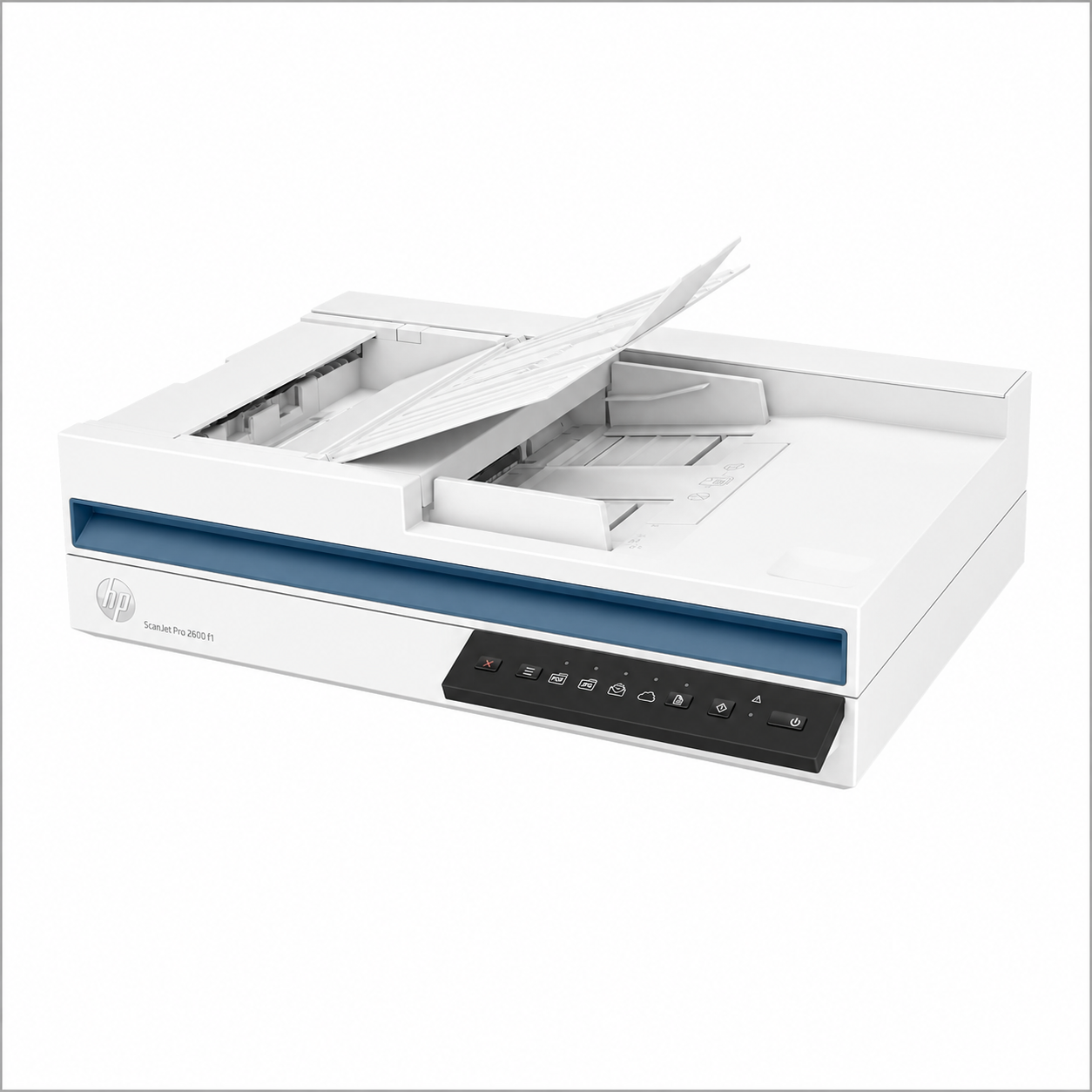 HP ScanJet 2600 side-angle view with the document input and output trays open
