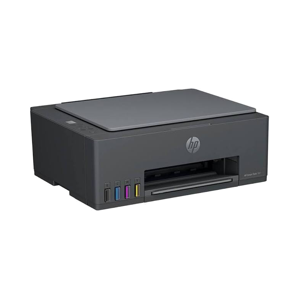 HP Smart Tank 581 ink tank printer right-side view showing the Medium Basalt body and compact all-in-one printer profile.
