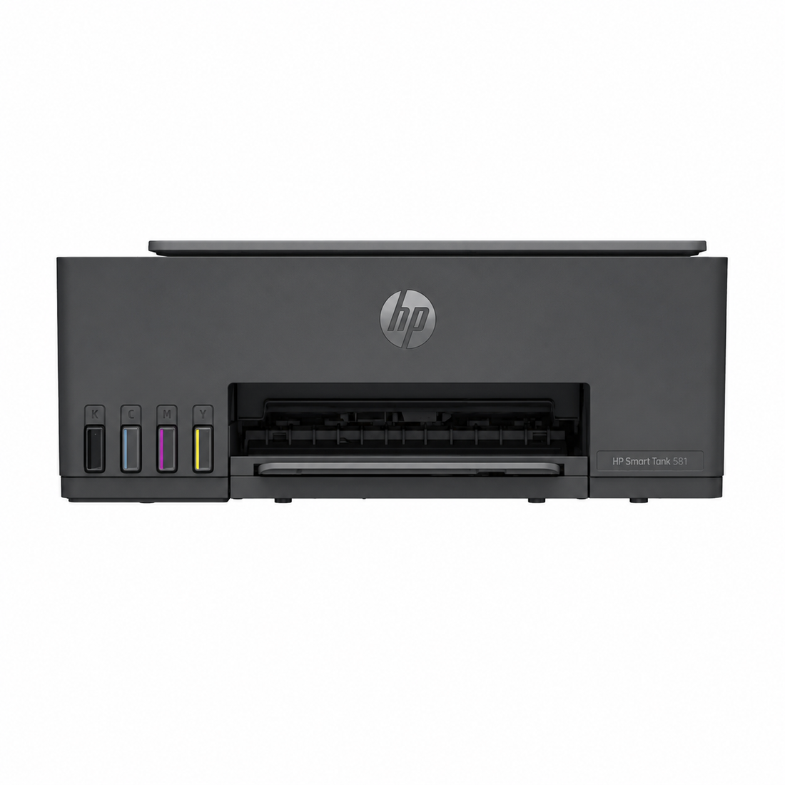HP Smart Tank 581 wireless all-in-one color ink tank printer front view showing the compact printer body, paper output area and ink tank design.