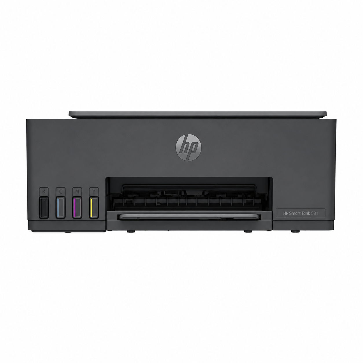 HP Smart Tank 581 wireless all-in-one color ink tank printer front view, paper output area and ink tank design.