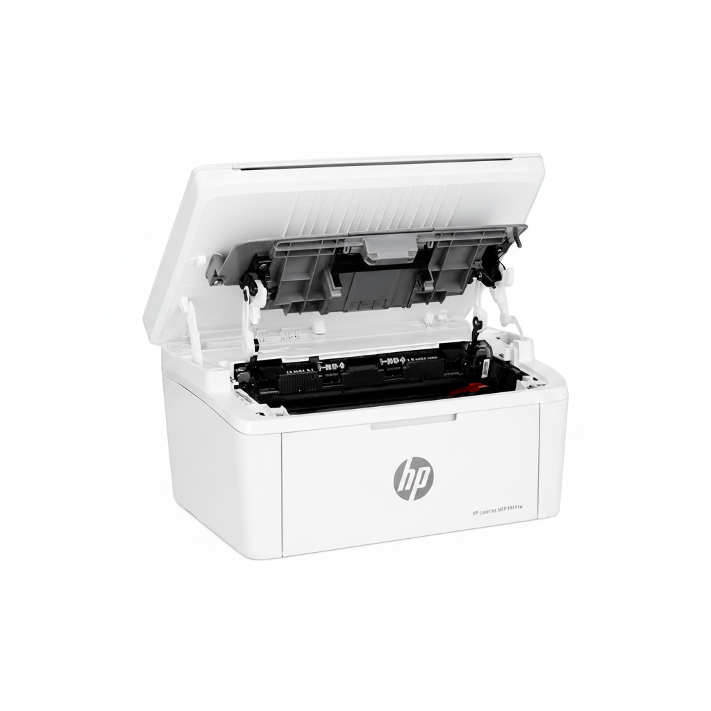 HP LaserJet MFP M141w laser printer with toner cartridge access door open