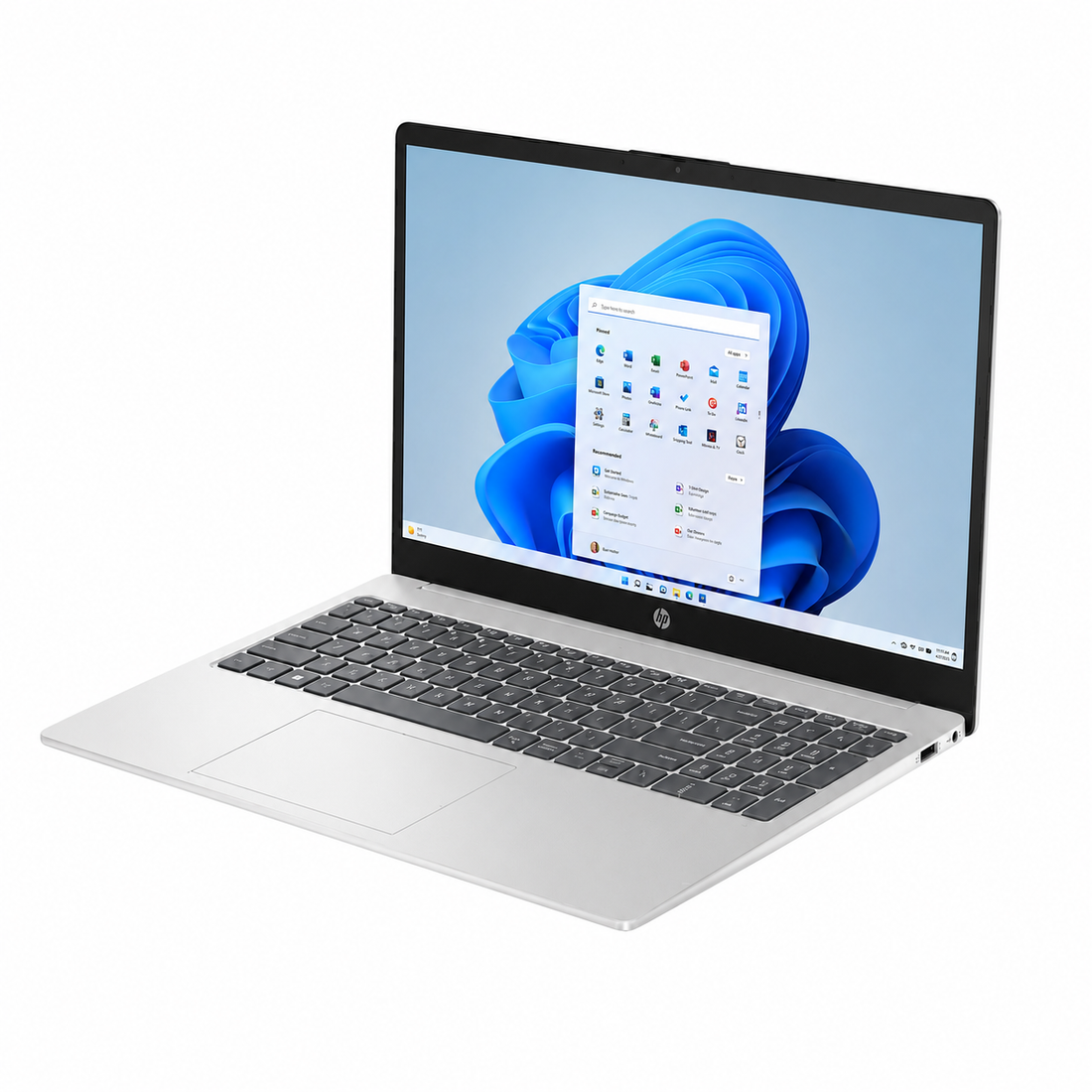 HP Laptop AI 15-fd2001ne C53H7EA Natural Silver 15.6-inch Full HD laptop front view with backlit keyboard and numeric keypad.