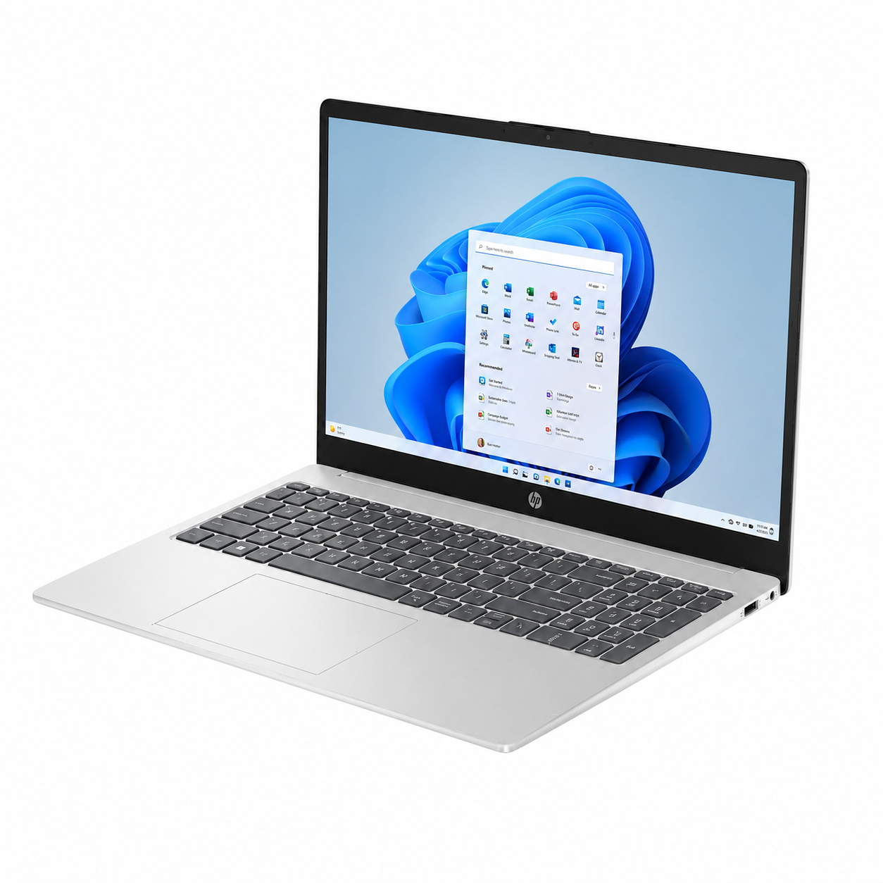 HP Laptop AI 15-fd2001ne Natural Silver laptop right-side view showing the slim 15.6-inch business laptop profile.