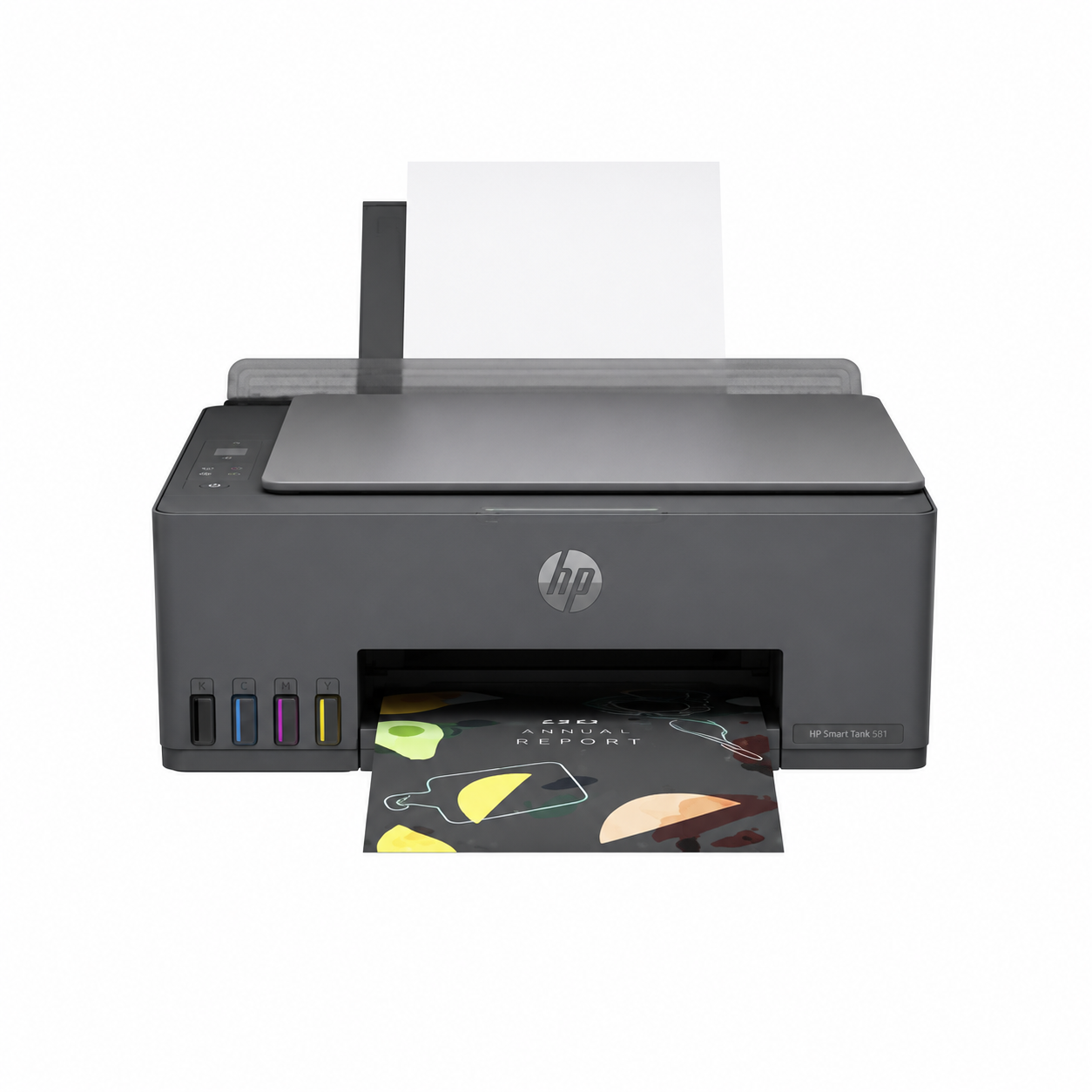 HP Smart Tank 581 wireless all-in-one color ink tank printer front view showing the compact printer body, paper output area and ink tank design.