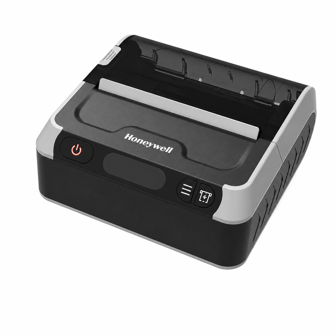 Black and silver portable thermal printer angled front view showing the paper feed slot, power button and control panel