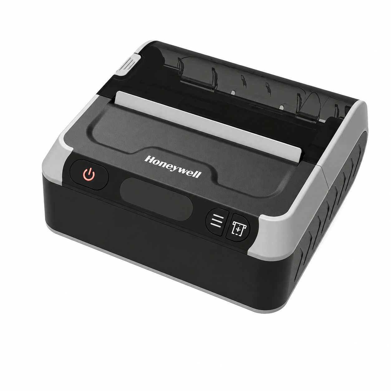 Black and silver portable thermal printer angled front view showing the paper feed slot, power button and control panel