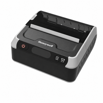 Black and silver portable thermal printer angled front view showing the paper feed slot, power button and control panel