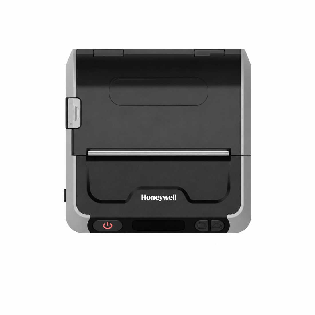 Black and silver portable thermal printer angled front view showing the paper feed slot, power button and control panel