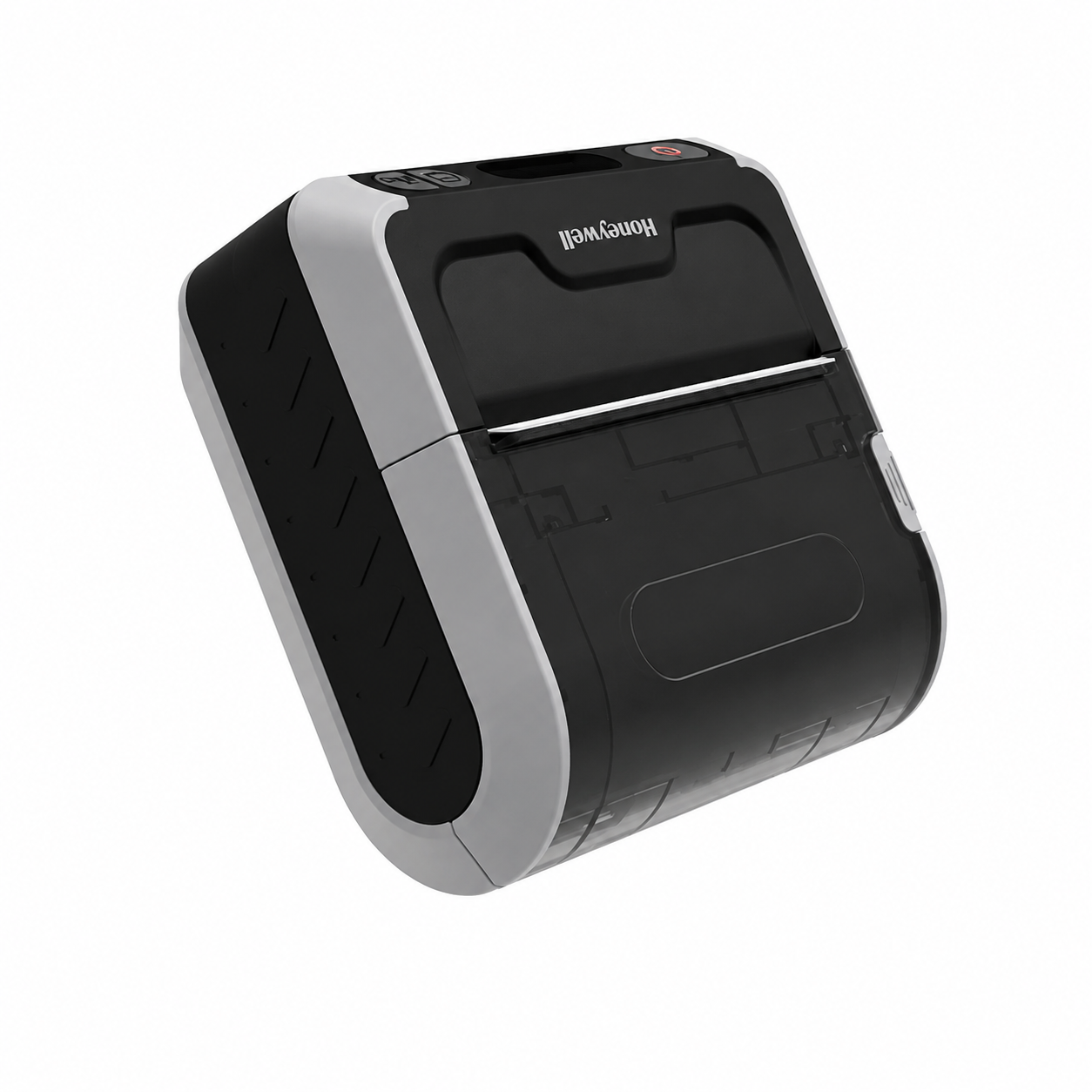 Black portable thermal printer angled top view showing the paper slot, control buttons and curved side panels