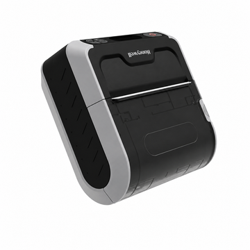Black portable thermal printer angled top view showing the paper slot, control buttons and curved side panels