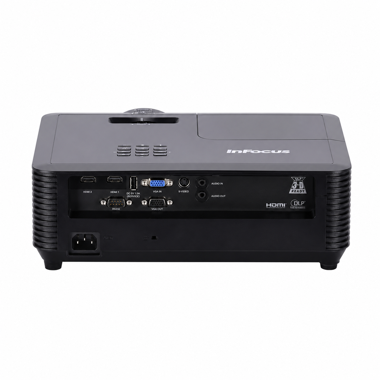 InFocus Genesis IN112BB showing dual HDMI, VGA and USB-A connectivity ports