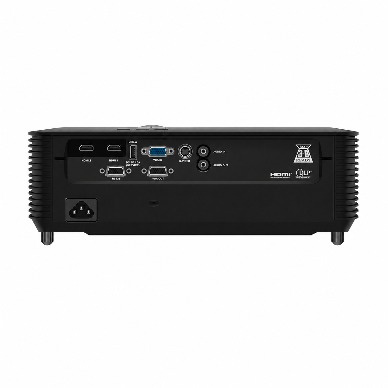 InFocus Genesis IN114BB showing dual HDMI, VGA and audio connectivity ports