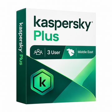 Kaspersky Plus 3 User Middle East Antivirus Software Package – Green and White Security Protection Box, Front Left Angle View, for 3 Users.