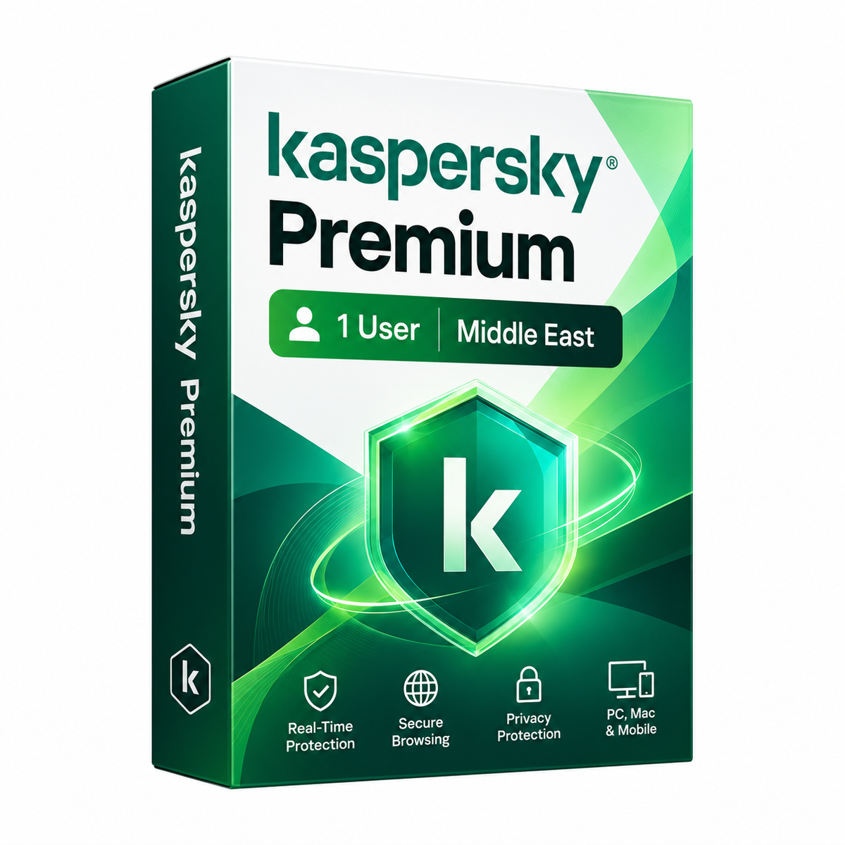 Kaspersky Premium 1 User Middle East Antivirus Software Box – Green and White Retail Packaging, Front Left Angle View, Premium Internet Security Protection for 1 User.